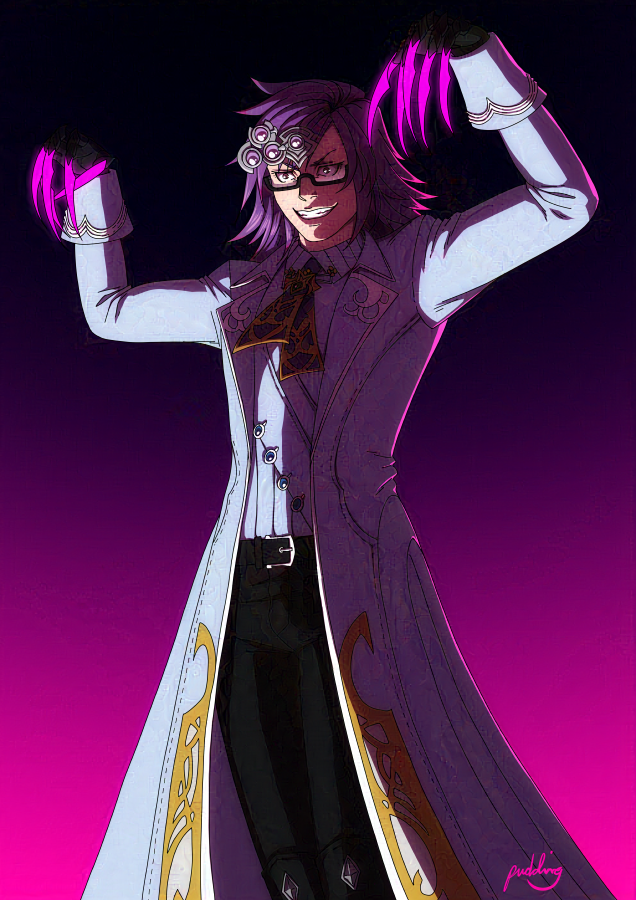 Illustration of a character with glasses and long purple hair holding his arms up above his head. He is wearing black gauntlets with long glowing pink claws on the fingers.