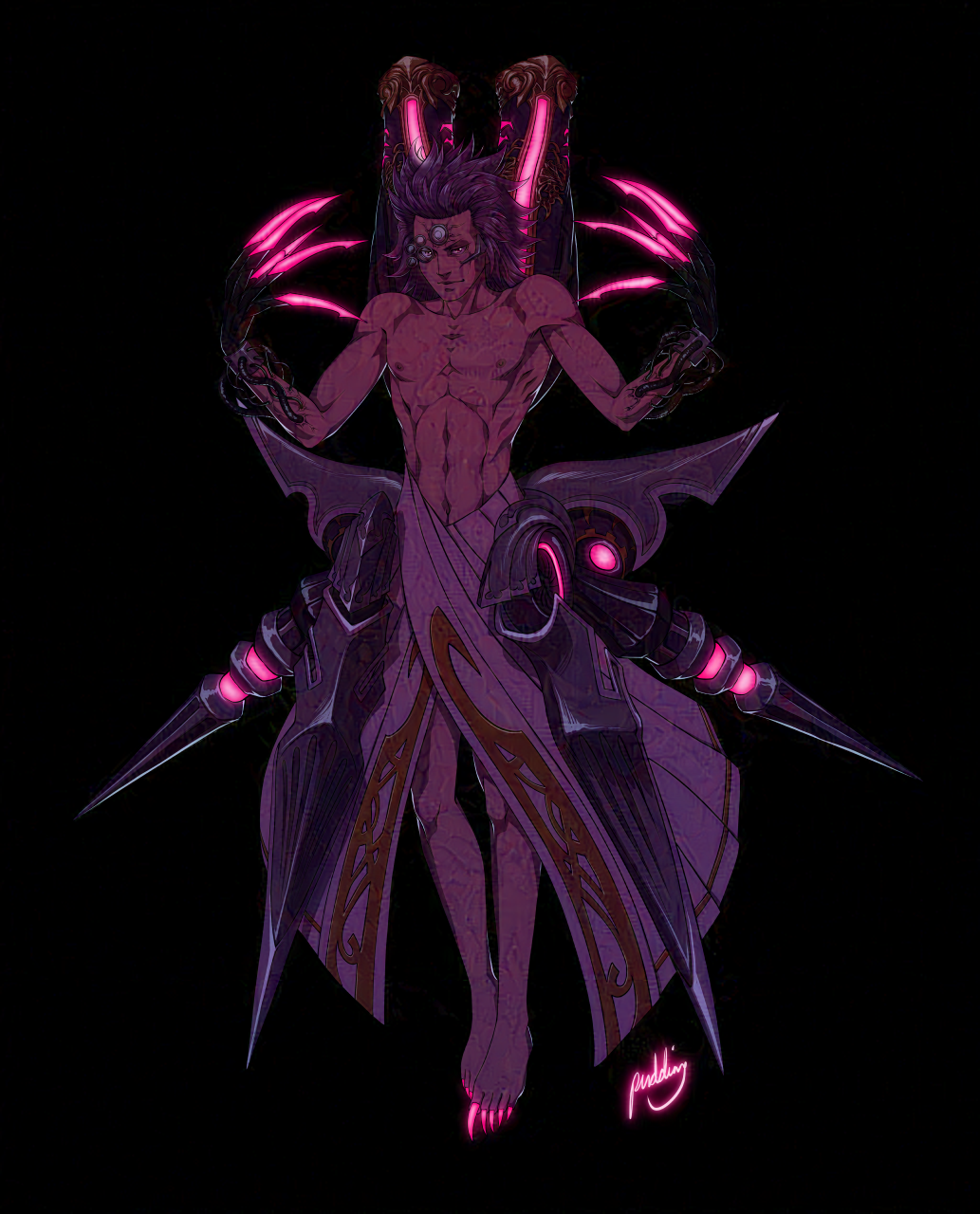 A dark illustration of a man with pink glowing cybernetic claws and wings.