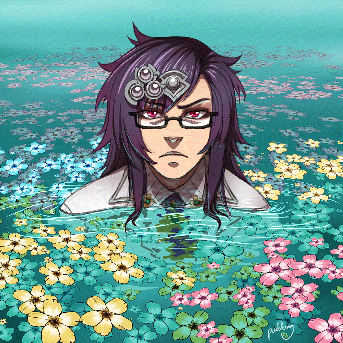 Illustration of a grumpy looking man with long purple hair and glasses standing neck deep in a pond full of flowers.