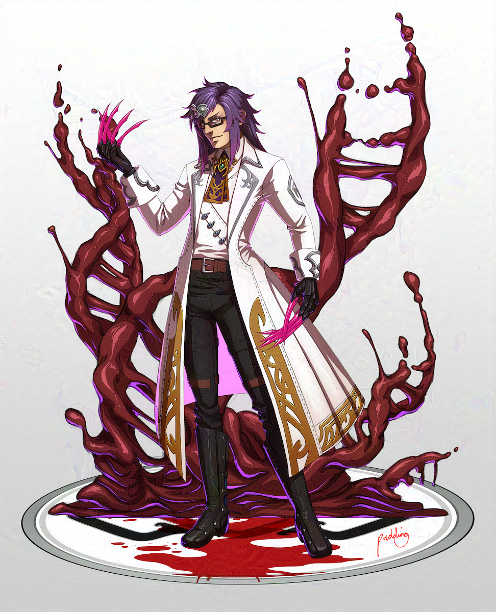 Illustration of a man in a lab coat wearing glasses and black gauntlets with pink claws. Coming out of the floor behind him are helixes made from blood. There is a puddle of blood on the floor under him.