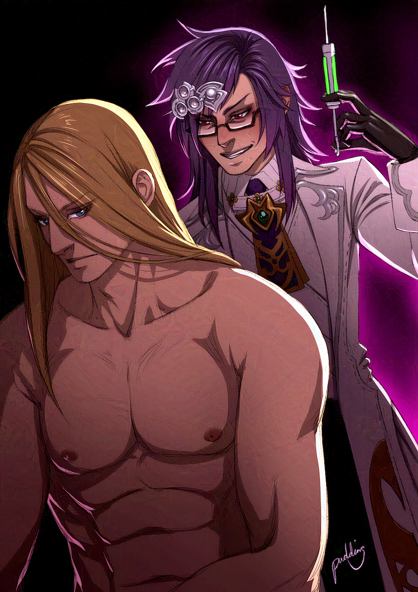 Anime style illustration of a well built man with long blond hair in the foreground. Behind him is a man with glasses and long purple hair grinning while holding a syringe filled with green liquid.