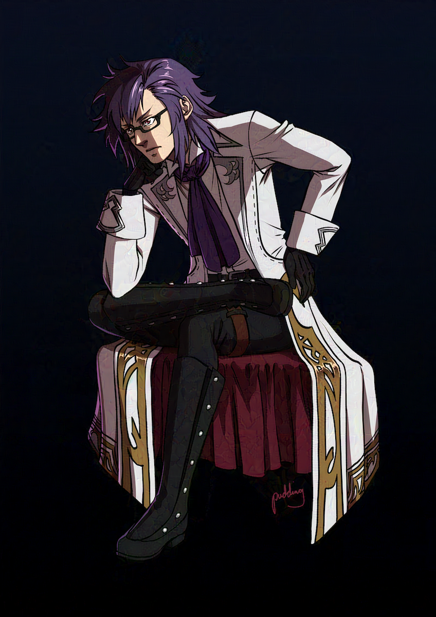 Illustration of a man with glasses and long purple hair in a fantasy style lab coat sitting with legs crossed resting his chin on one hand.