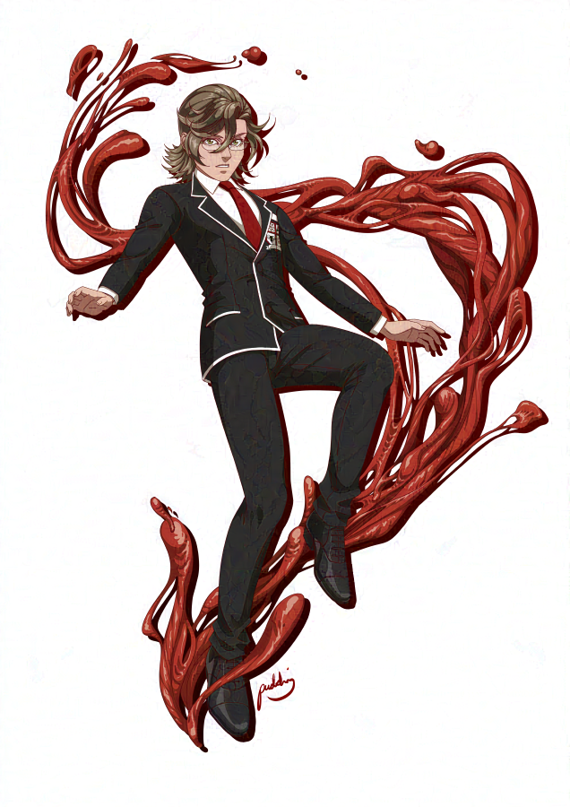 Illustration of a character with shoulder length light brown hair wearing a black and red suit jumping in the air as viscera swirls around him.