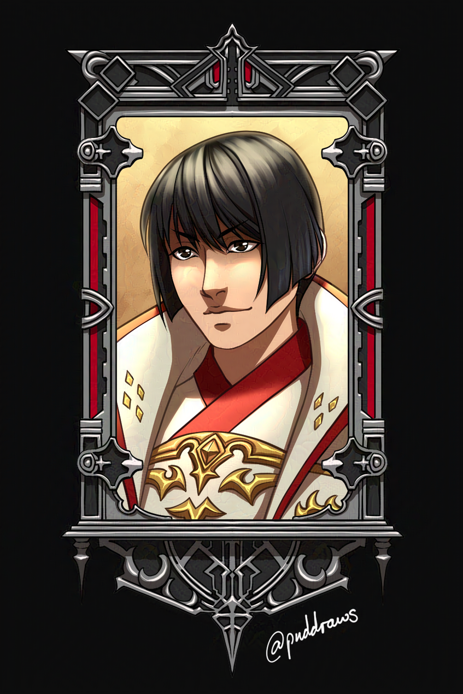 Illustration of a male character with short black hair and brown eyes. He is wearing a white coat with red and gold detailing.