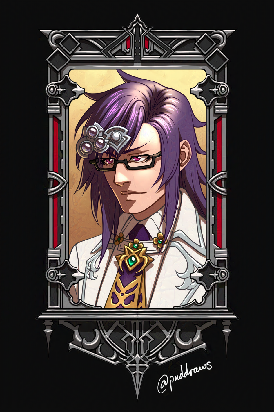 Potrait illustration of a man with long purple hair, wearing glasses with magnifiers, a white coat and a purple and gold tie. There is a metal frame around the portrait with red detailing.