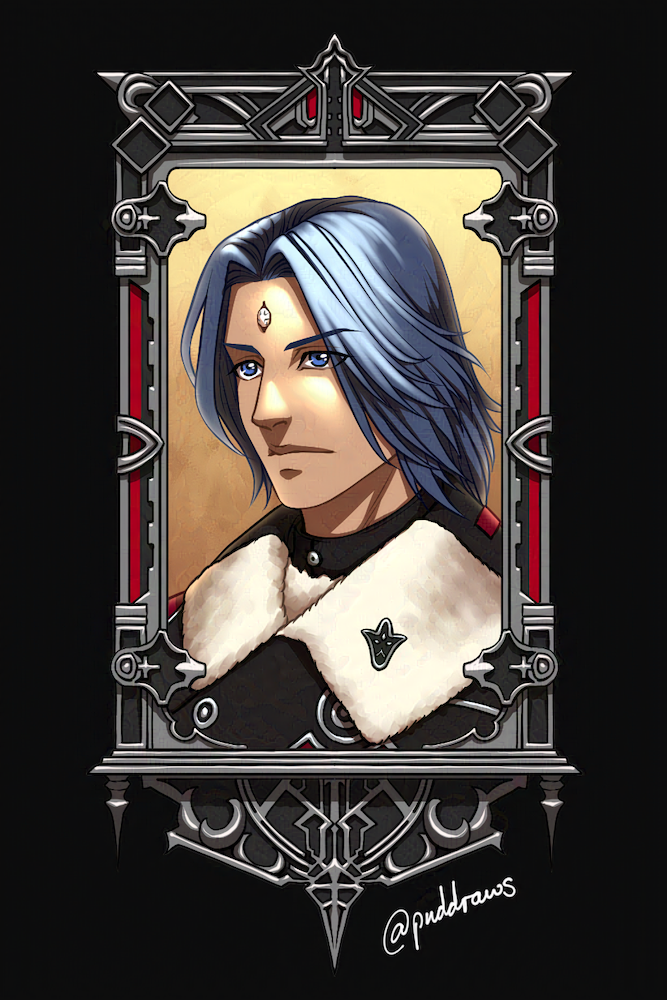 Illustration of a male character with blue eyes and shoulder length blue hair wearing a black coat with a white fur collar. The portrait is inside dark metal frame with a geometric design.