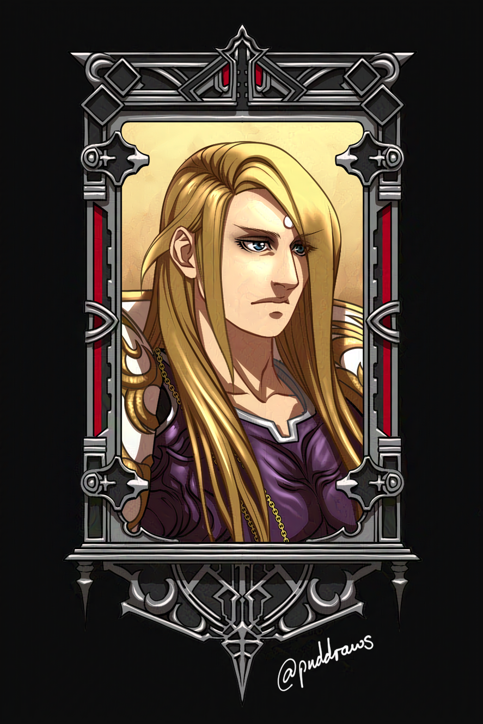 Illustration of a male character with long blond hair wearing a purple breastplate and white coat with gold embroidery. The portrait is inside dark metal frame with a geometric design.