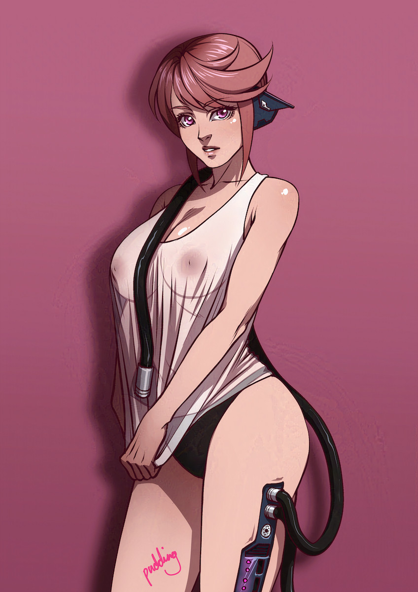 Illustration of a cyborg/robot girl with pink hair and pink eyes pulling down on a semi-transparent white tank top so it stretches over her chest and waist.