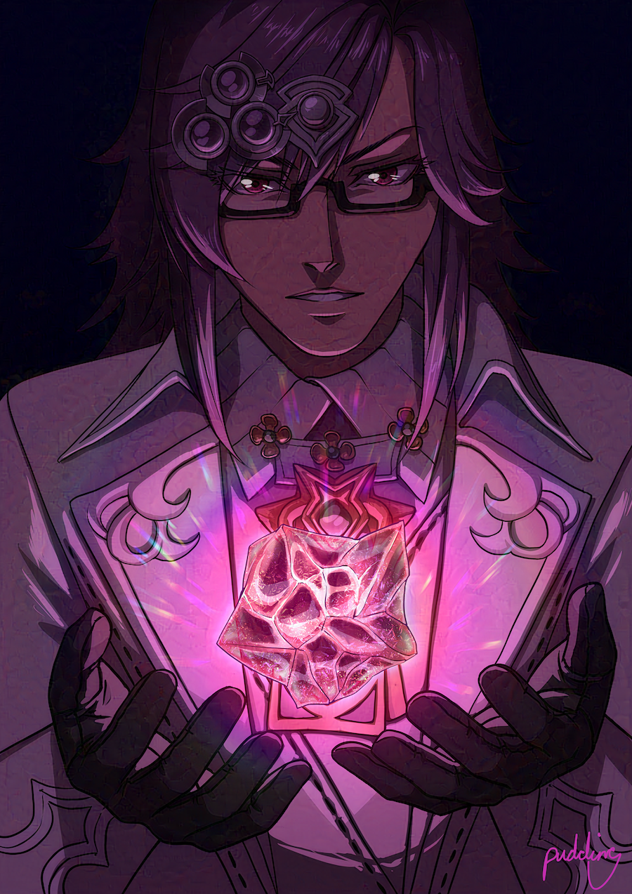 Illustration of a man with glasses and long purple hair holding a large pink glowing crystal in both hands.