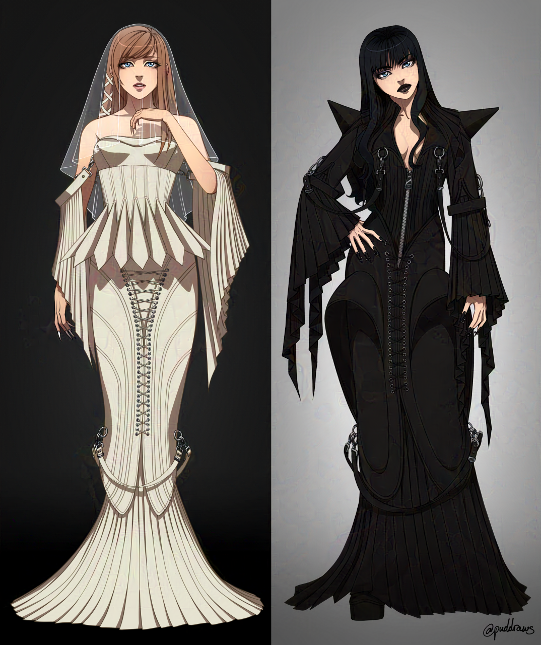 Full body illustration of two women wearing clothing from Robert Wun spring 2024 couture collection. The woman on the left is wearing a white dress and the one on the right is wearing a similarly styled black dress.