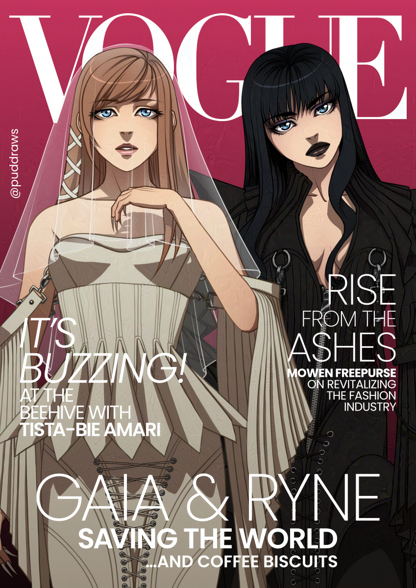 Design for a fake cover of Vogue magazine featuring Gaia and Ryne with a hot pink background. Text on left reads: “It's buzzing! At the Beehive with Tista-bie Amari.” Text on right reads: “Rise from the ashes. Mowen Freepurse on revitalizing the fashion industry.” Text at bottom reads: “Gaia & Ryne. Saving the world ...and coffee biscuits.”