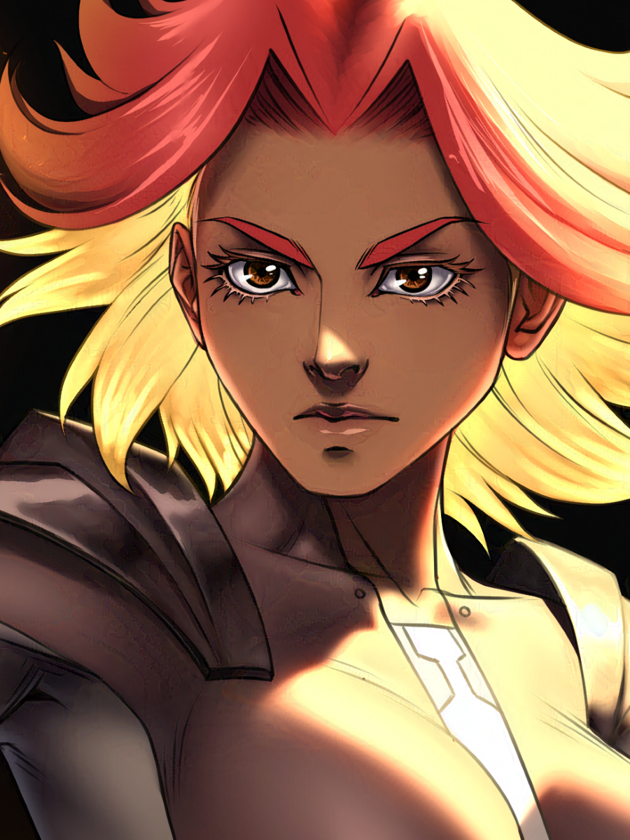 Illustration of a character with brown eyes, red eyebrows, and red and yellow glowing hair.