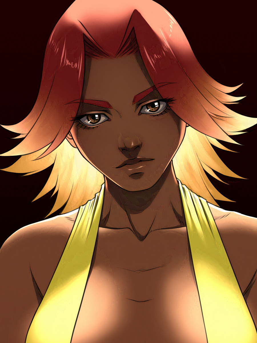 Illustration of a girl with brown eyes and red/orange glowing hair. She is wearing a bright yellow halter top.