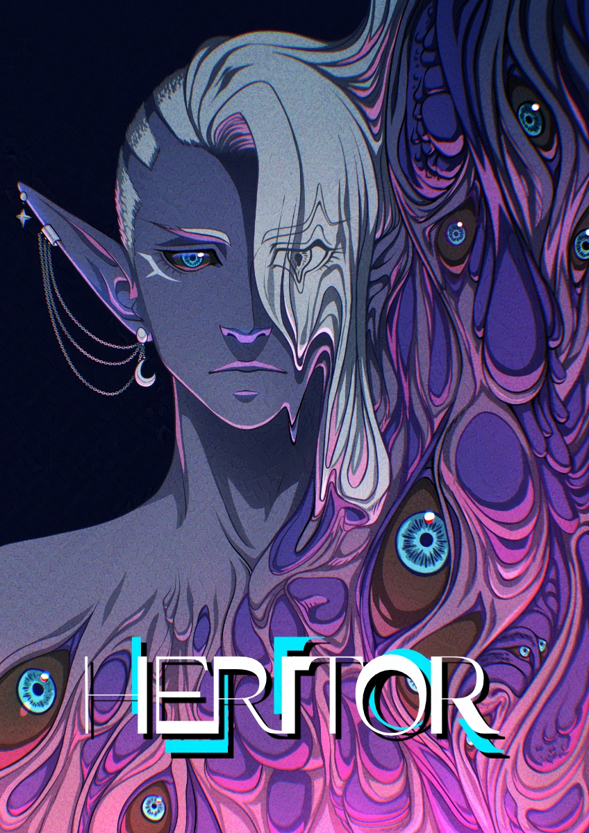 Illustration of a blue-skinned elf. He has light blond hair shaved on one side, black sclera and bright blue eyes. His torso and the right side of his face and hair are melting into organic shapes resembling eyes and viscera. Distorted text at the bottom reads: Heritor