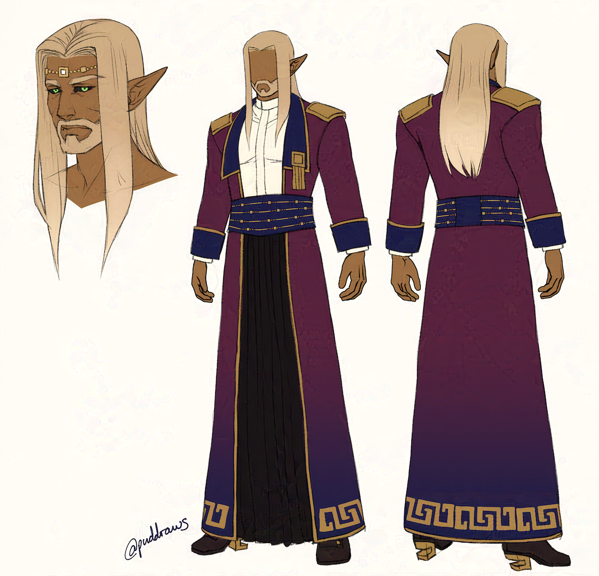 Concept for a male character with gold skin and long blond hair with a centre parting. He has long pointed ears, black sclera, bright green eyes, a full beard and thick eyebrows. On his forehead is a gold circlet in a square pattern. He is wearing a cream shirt with a stand collar and a long coat in purple and navy blue with gold trim and epaulettes. He is also wearing black boots with gold heels with a square cutout.