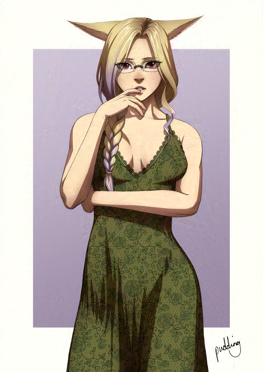 Illustration of a girl with cat ears and glasses wearing a green lace dress. She has blond hair that fades to lilac at the ends worn in a side plait.