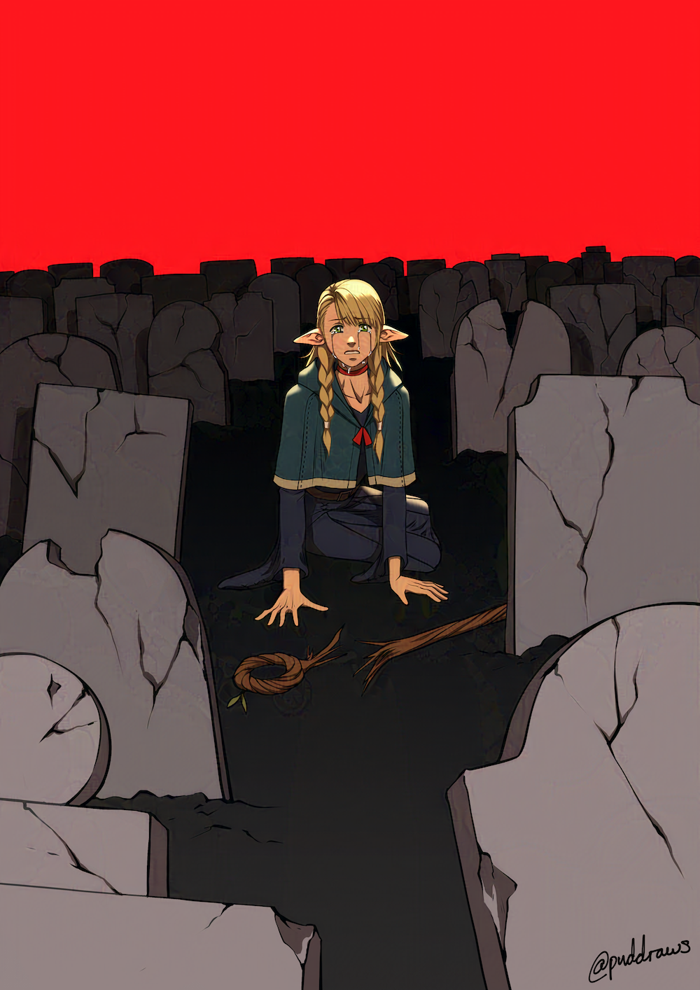 Illustration of a blonde girl with pointed ears wearing a blue robe, kneeling on the ground surrounded by gravestones. She is crying and her wooden mage staff is on the ground in front of her snapped in two.