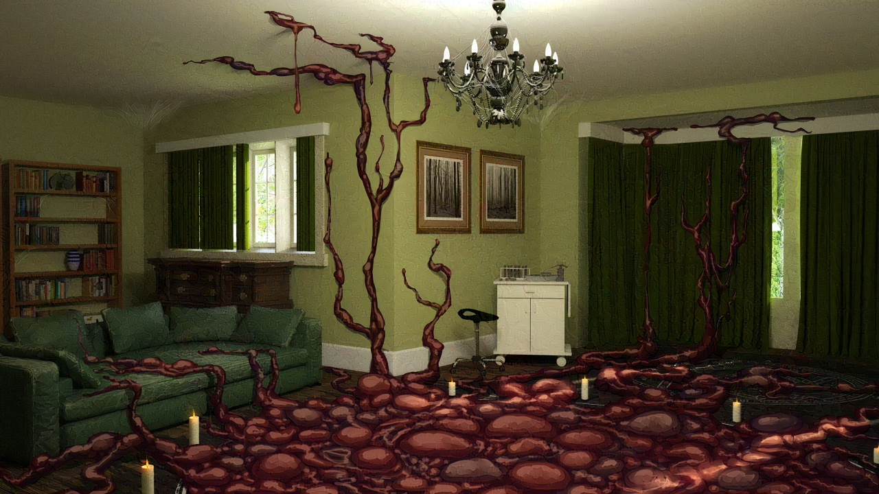 3D render of a living room covered in monstrous viscera.