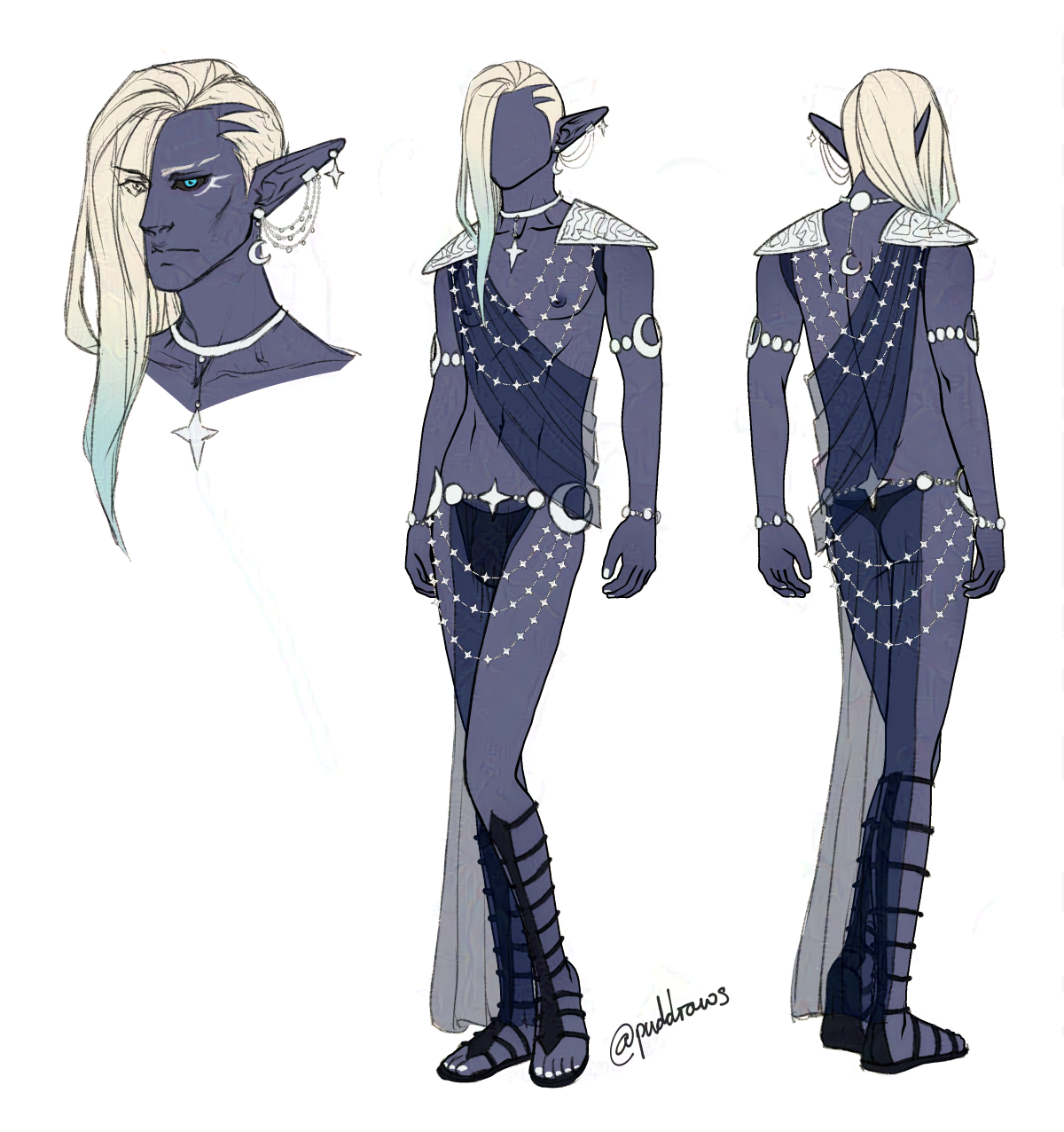 Concept illustration of a male character with greyish blue skin, pointed ears, black sclera and cyan eyes, and pale blond hair fading to cyan at the ends. He is wearing silver jewellery and knee-high black gladiator sandals. Sheer dark blue fabric is draped from his belt at the front and back and asymmetrically across his chest and back. On his left ear he is wearing star and moon dangly earrings and chains that connect from the moon to an ear cuff halfway up his ear.