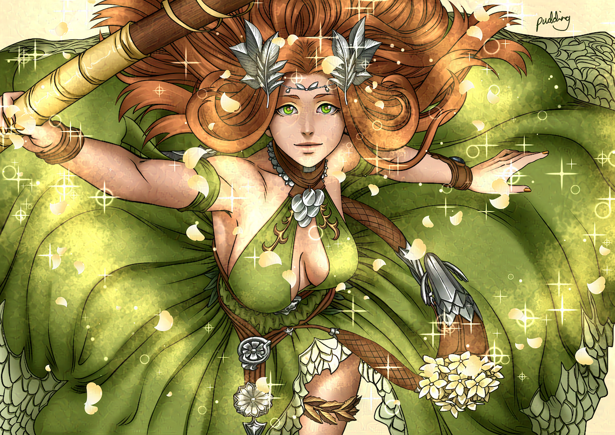 Illustration of a woman with long ginger hair in a fantasy style green dress looking up at the viewer as yellow flower petals swirl around her.