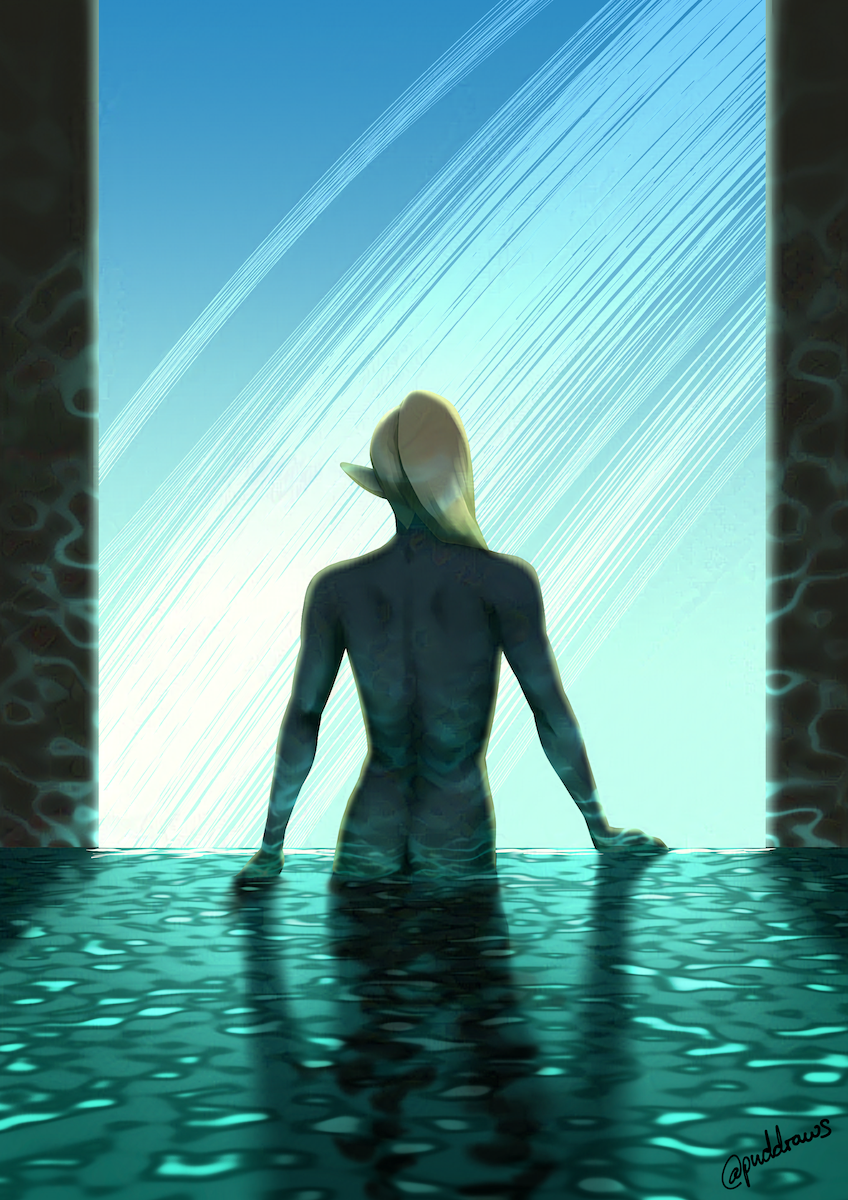 Illustration of a man with dark blue skin, long blond hair and pointed ears standing with the back to the viewer in a pool of water looking out onto a clear blue sky where the planet's rings can be seen stretching from the lower left to the top right.