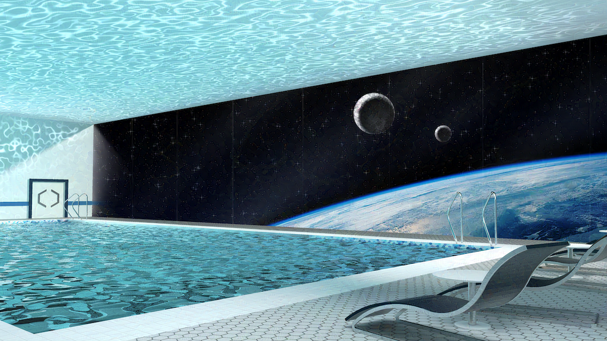 3D render of a swimming pool on a space station. An earth like planet and two moons can be seen outside the window.