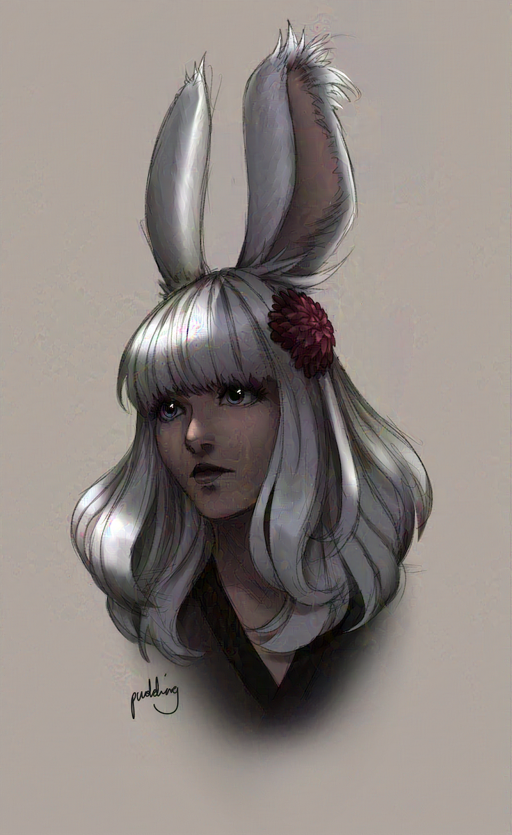 Portrait of a girl with rabbit ears and long white hair. She has blue eyes and there is a red flower in her hair.