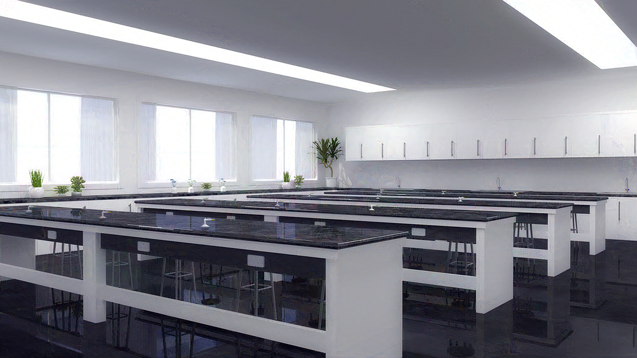 3D render of a school science classroom.