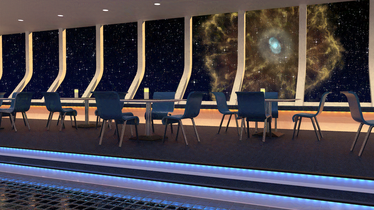 3D render of a sci-fi bar or restaurant.