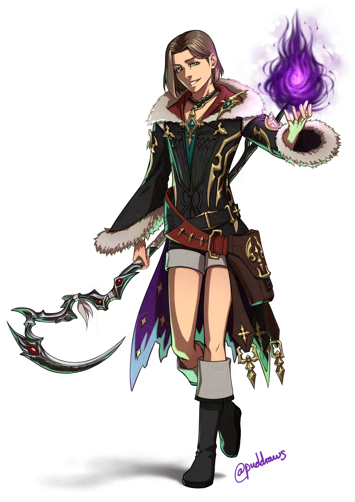 Illustration of a male character in mage robes holding a ball of purple flames in one hand and a dark metal scythe in the other.