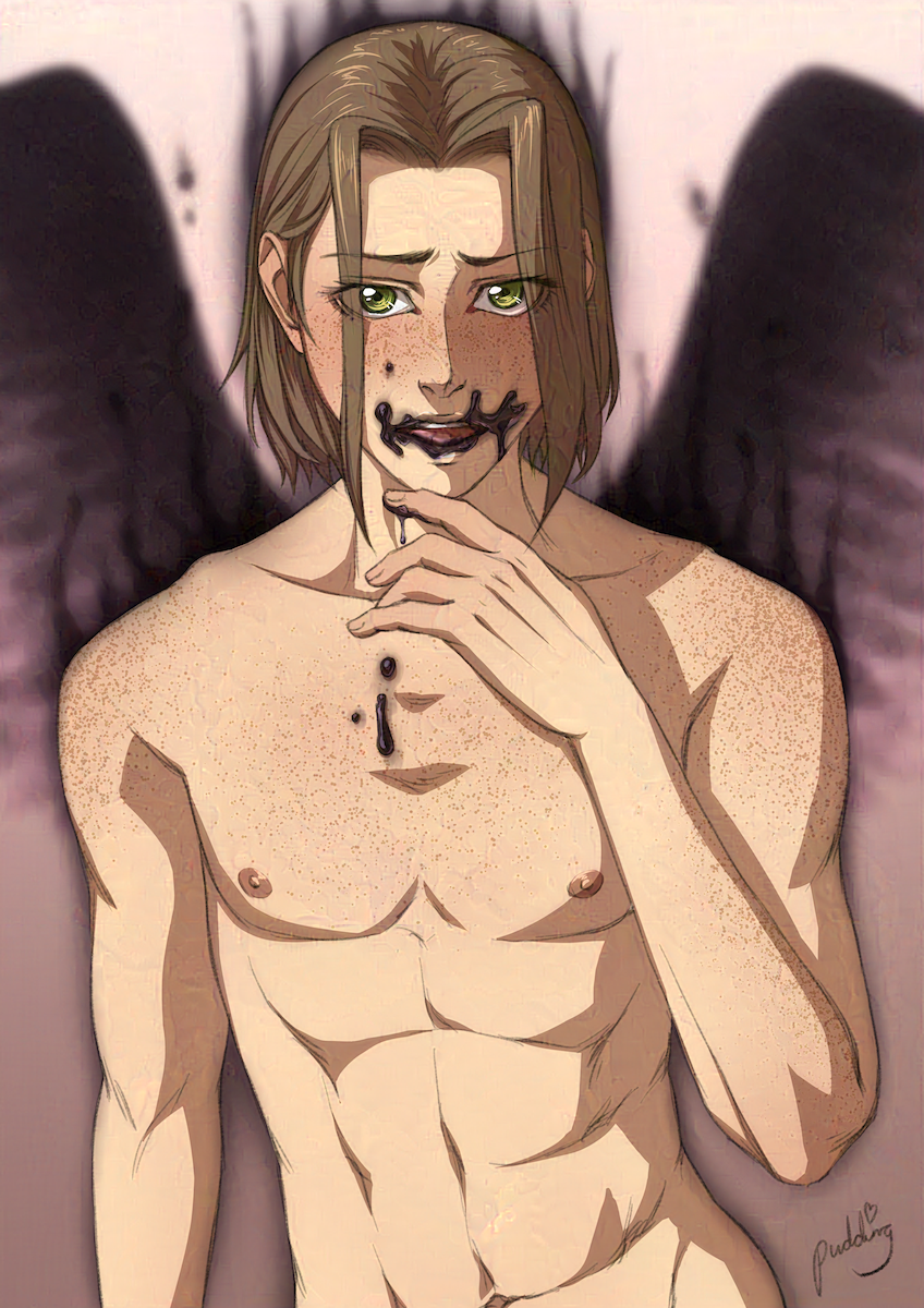 Illustration of a young man with shoulder length light brown hair, green eyes, freckles and ghostly black wings licking a gooey black substance from his fingers.