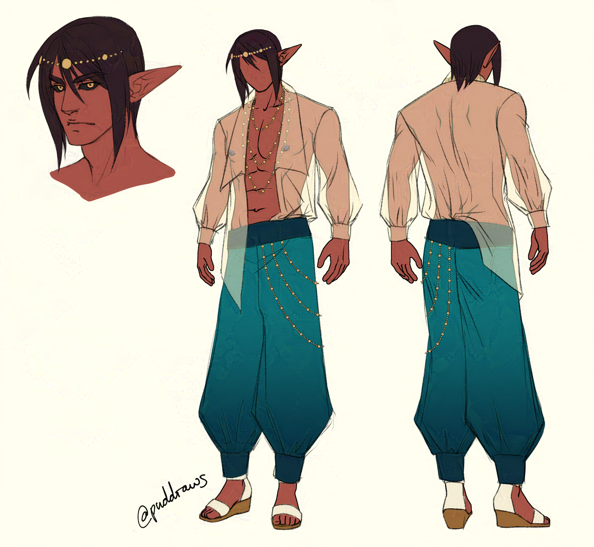 Concept for a male character with red skin and short messy black hair. He has long pointed ears, black sclera and bright yellow eyes. On his forehead on top of his hair is a circlet made up of gold discs. He is wearing an unbuttoned translucent cream shirt half tucked into his teal blue harem pants. There are three long chain necklaces around his neck. He is wearing wedge heeled white and brown sandals.