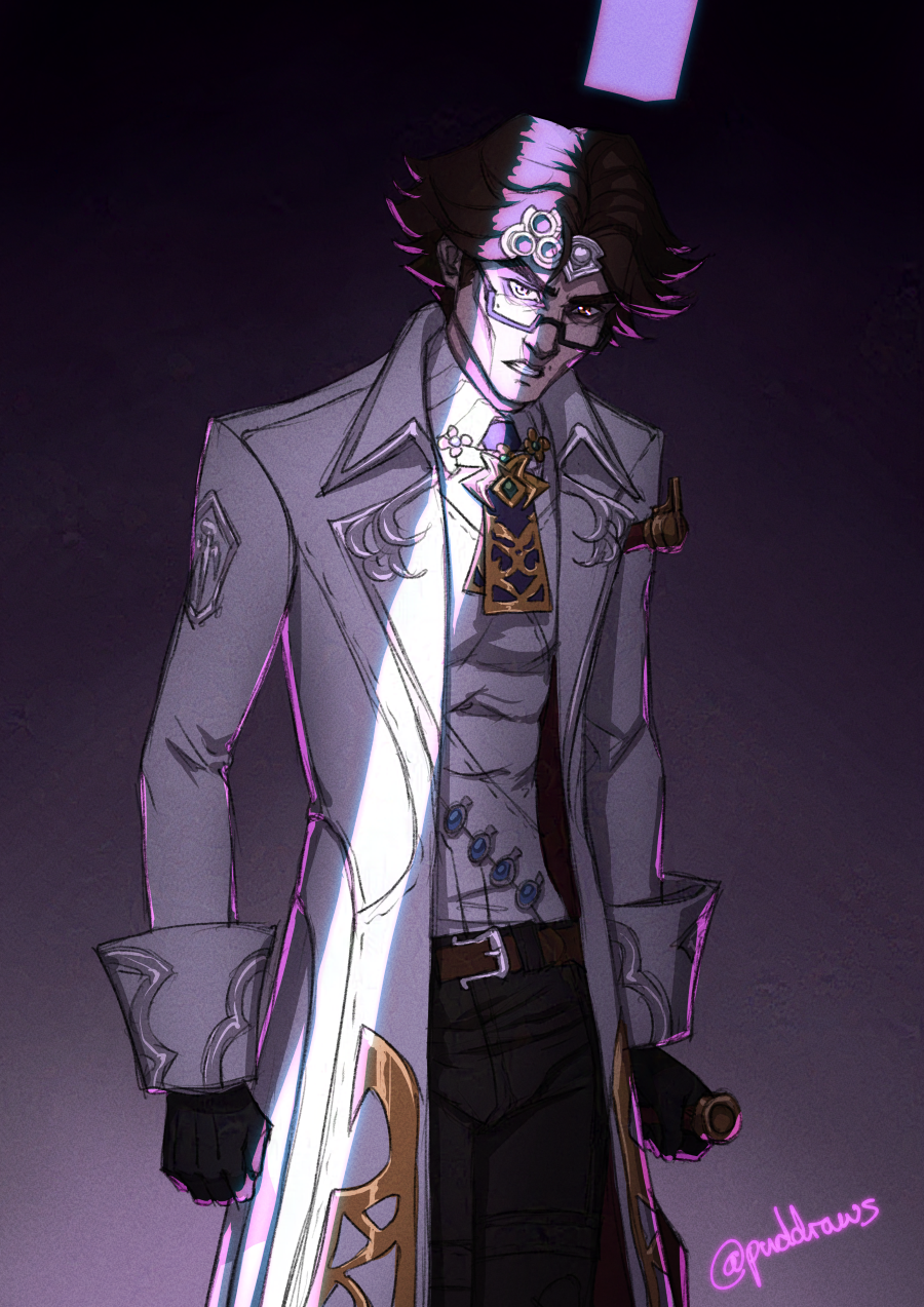 Illustration of Viktor wearing a Garlean magitek engineer's uniform. He is standing slightly hunched over, leaning on his cane, looking up at the viewer. There is a bright band of blue-pink light running vertically down his body and he is lit from behind in bright pink.