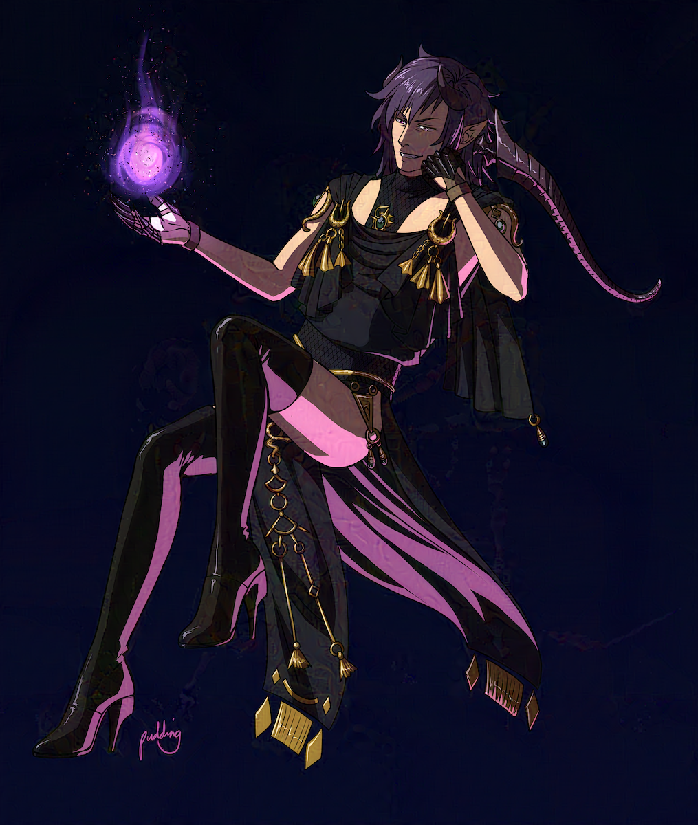 Illustration of a character with pointed ears and long horns in dark fantasy clothing holding a ball of purple fire in one hand.