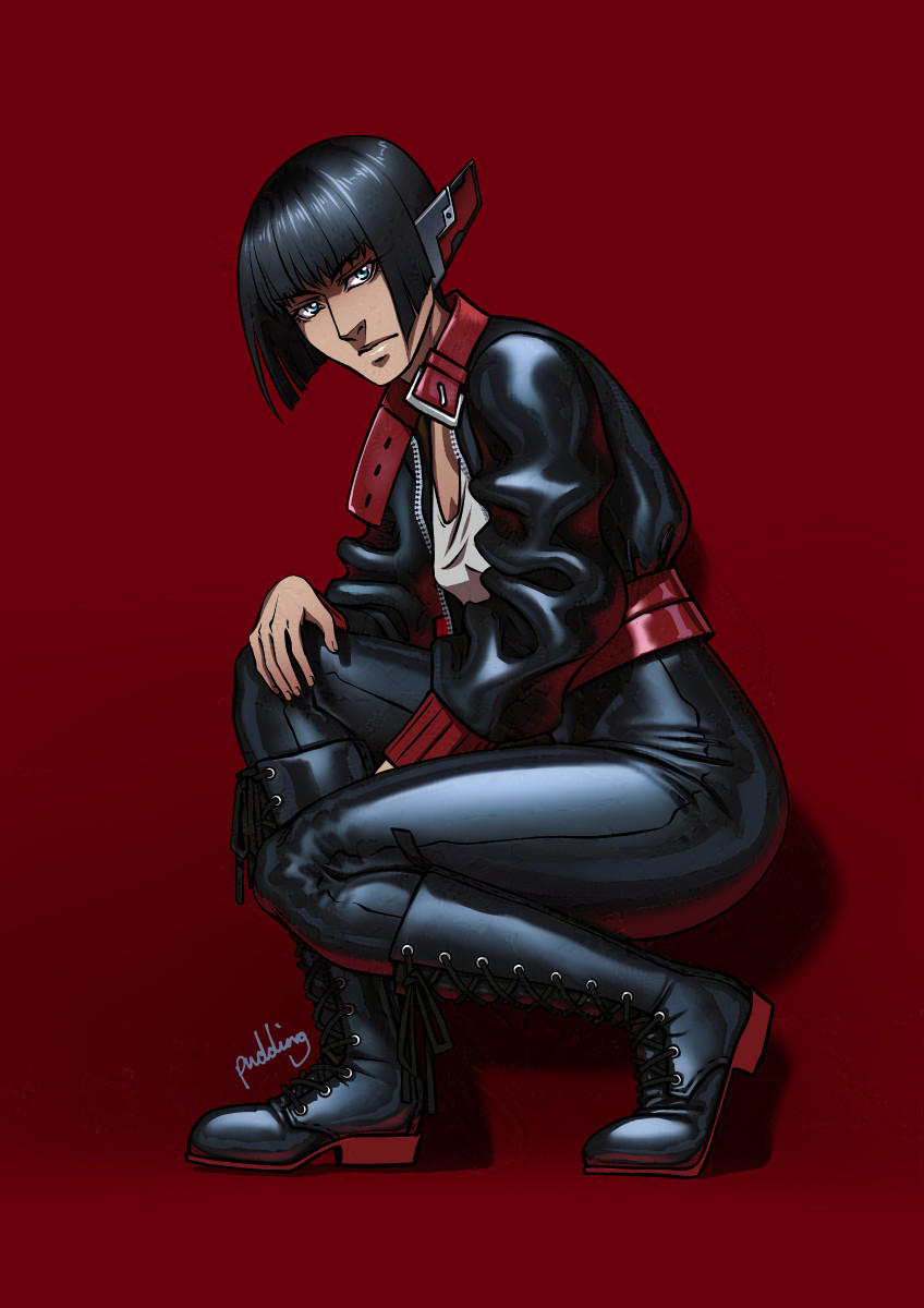 Illustration of a woman kneeling, looking to the side at the viewer against a deep red background. She has short black hair and blue eyes. She's wearing a black and red leather jacket and lace-up boots with skin-tight leggings. Where her ear would be is a rectangular red and silver metal antenna.