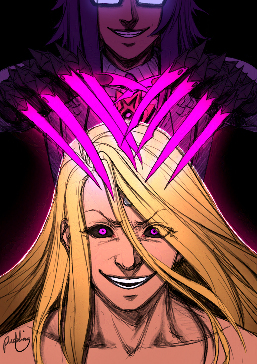 Illustration of a man with long blond hair, black sclera and bright pink eyes with a deranged grin. Behind him is a man with glasses and long purple hair wearing black gauntlets with glowing pink claws. He is holding his hands above the blond man's head like a puppeteer.