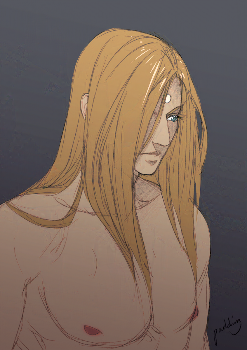 Illustration in muted colours of a well-built man with blue eyes. He has long blond hair that is covering half of his face.